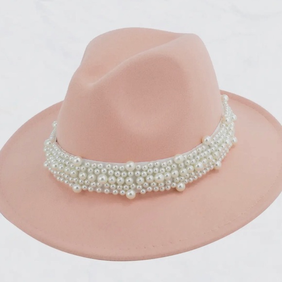Light Pink Fedora Jazz Hat with Wide Pearl Belt - Picture 2 of 6